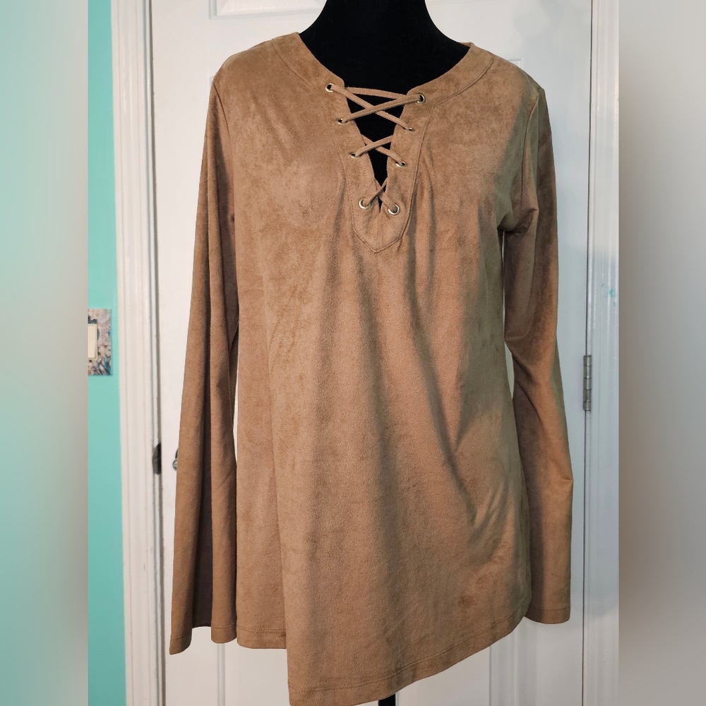 Cato Faux Suede Tan Lace-Up Long Sleeve Blouse Women's Size S
